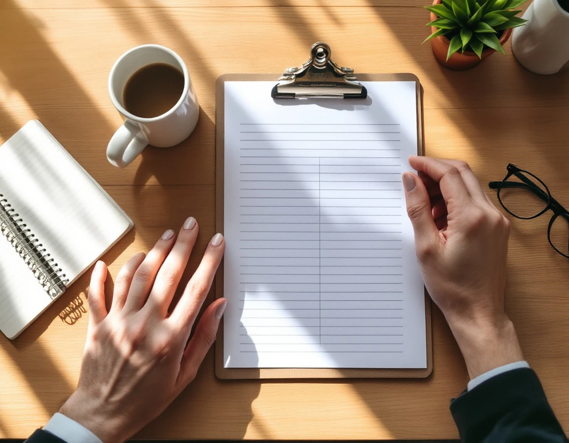 Overhead view of hands holding blank performance review clipboard on wooden desk with coffee and office supplies