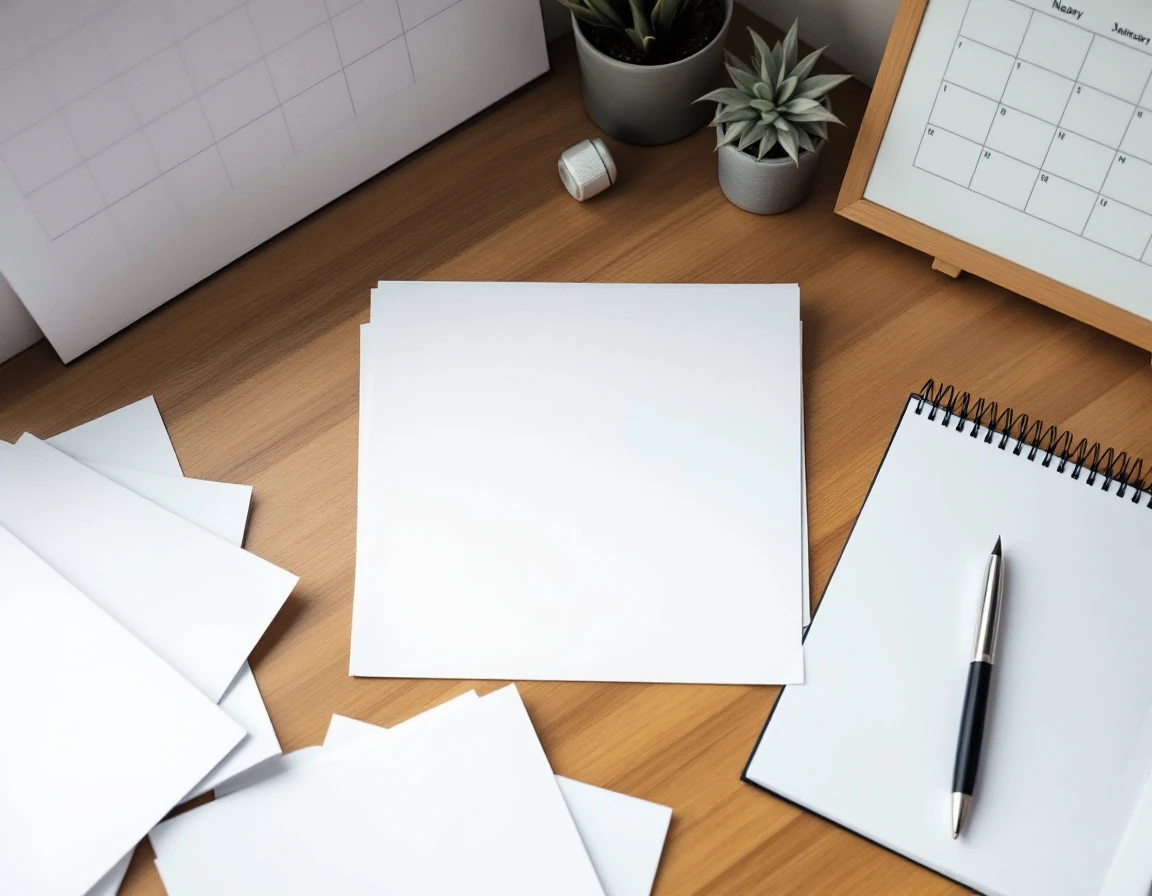 Organized desk workspace with blank documents, empty calendar grid, and notebook ready for certification tracking