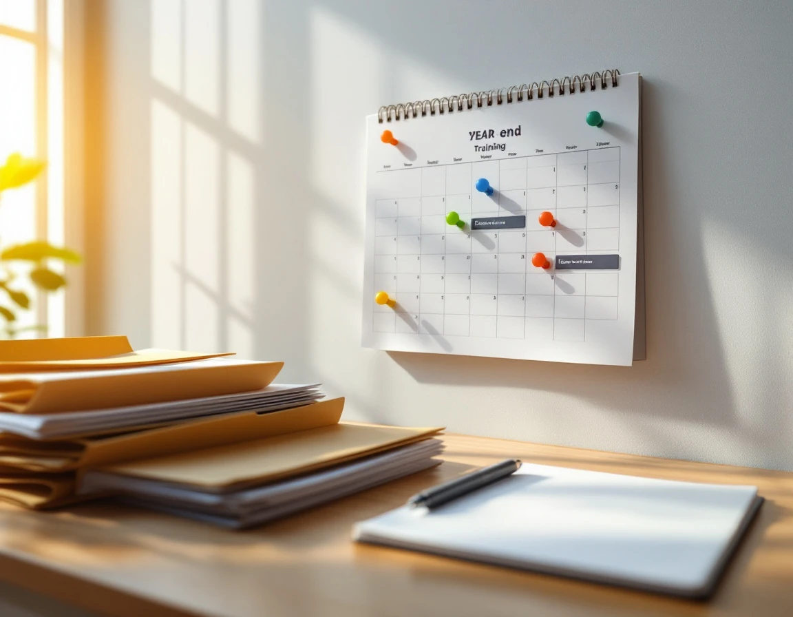 Desk workspace with wall calendar showing year-end deadlines and certification renewal materials