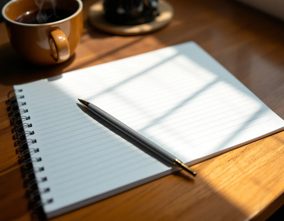 Open notebook with pen and coffee mug on wooden desk in warm natural lighting