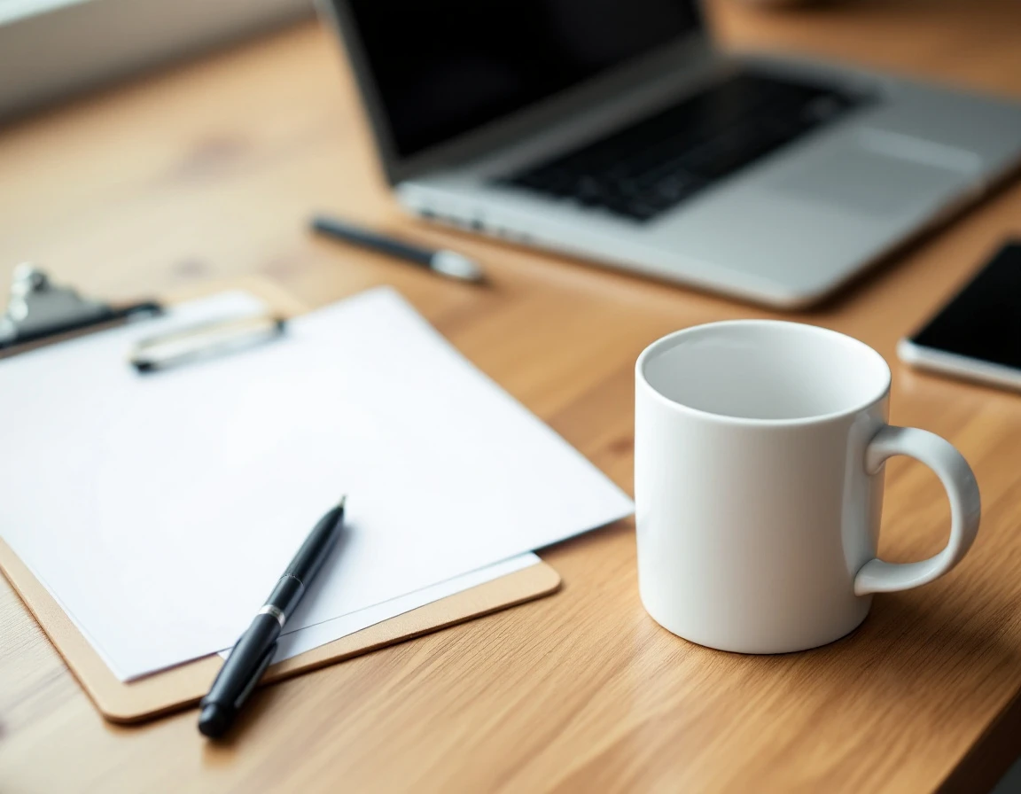 Workspace desk with coffee mug, laptop, and blank clipboard for employee skills assessment preparation