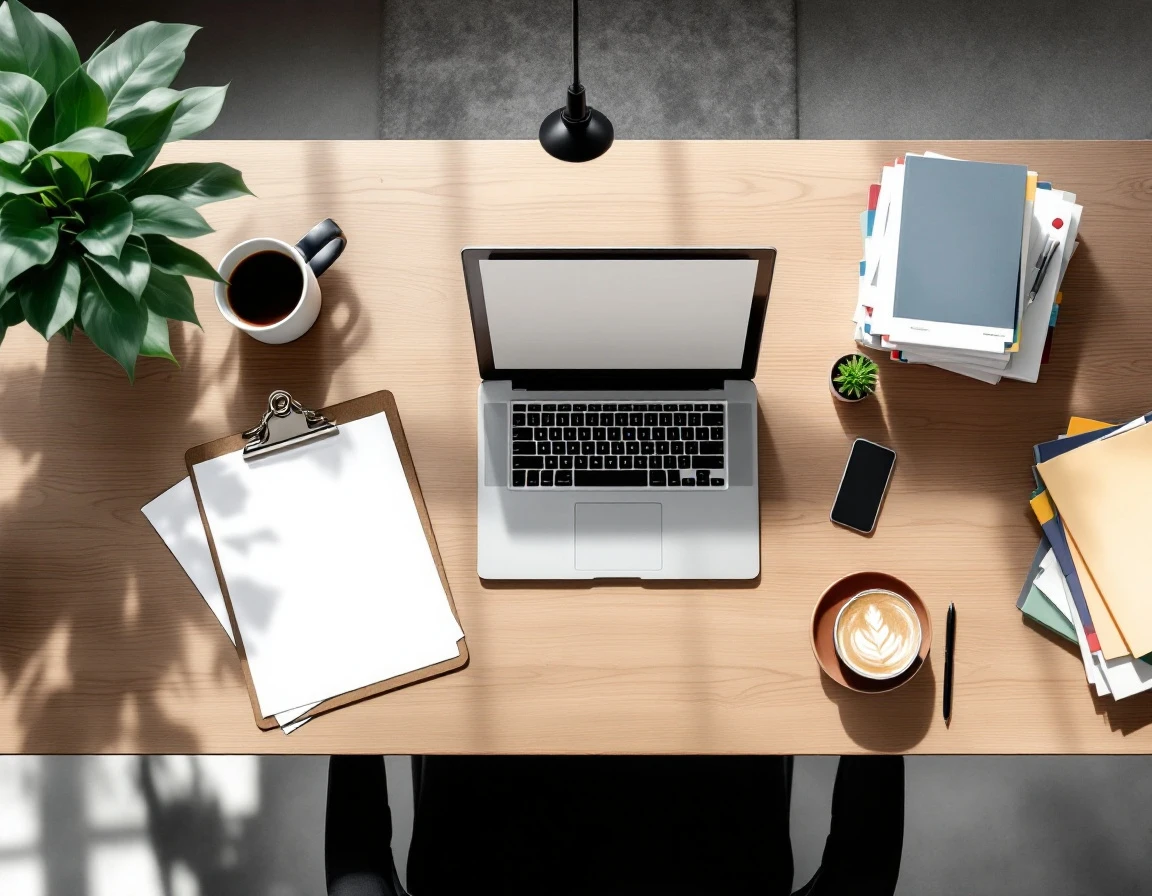 Three-section desk workspace showing organized phases of content governance workflow with office materials