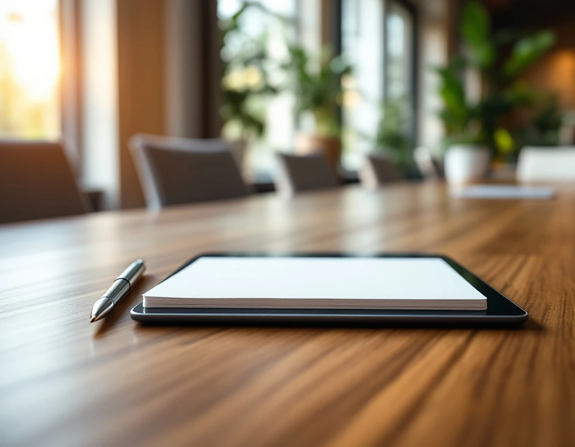 Conference table with blank notepad, pen, and blurred tablet ready for job shadowing observation session