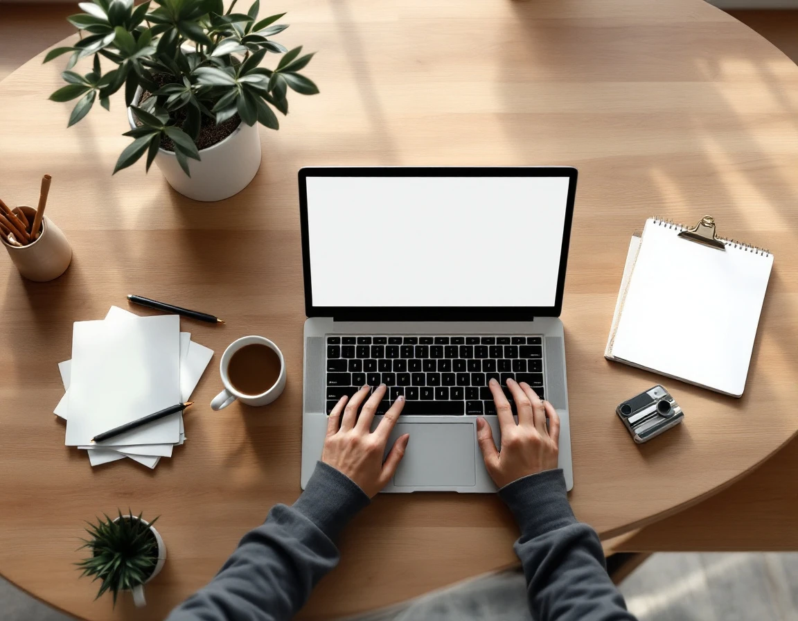 Professional workspace with laptop, coffee, and blank planning materials for employee development programs