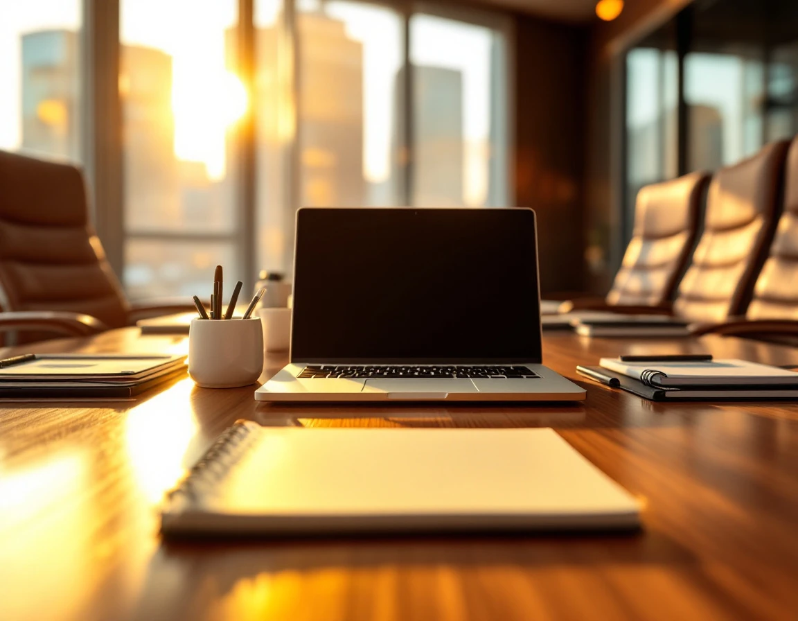 Executive boardroom workspace with laptop and leather chairs during golden hour lighting