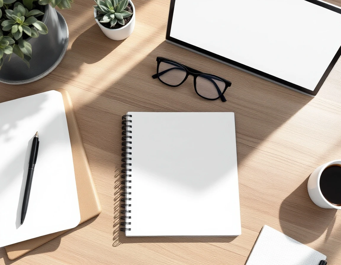 Clean desk workspace with laptop, blank notebook, coffee cup, and plant for professional planning