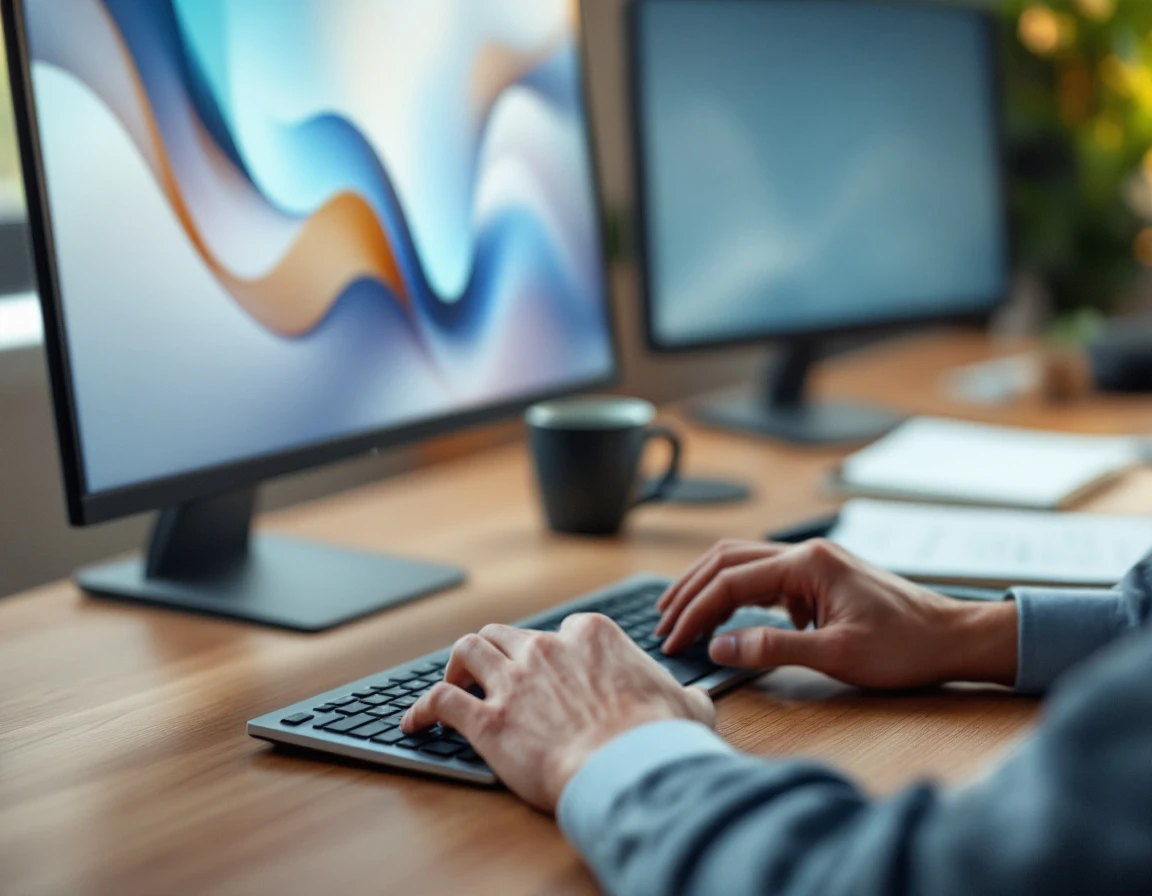 Office workspace with laptop and hands typing, screens showing blurred abstract content in soft focus