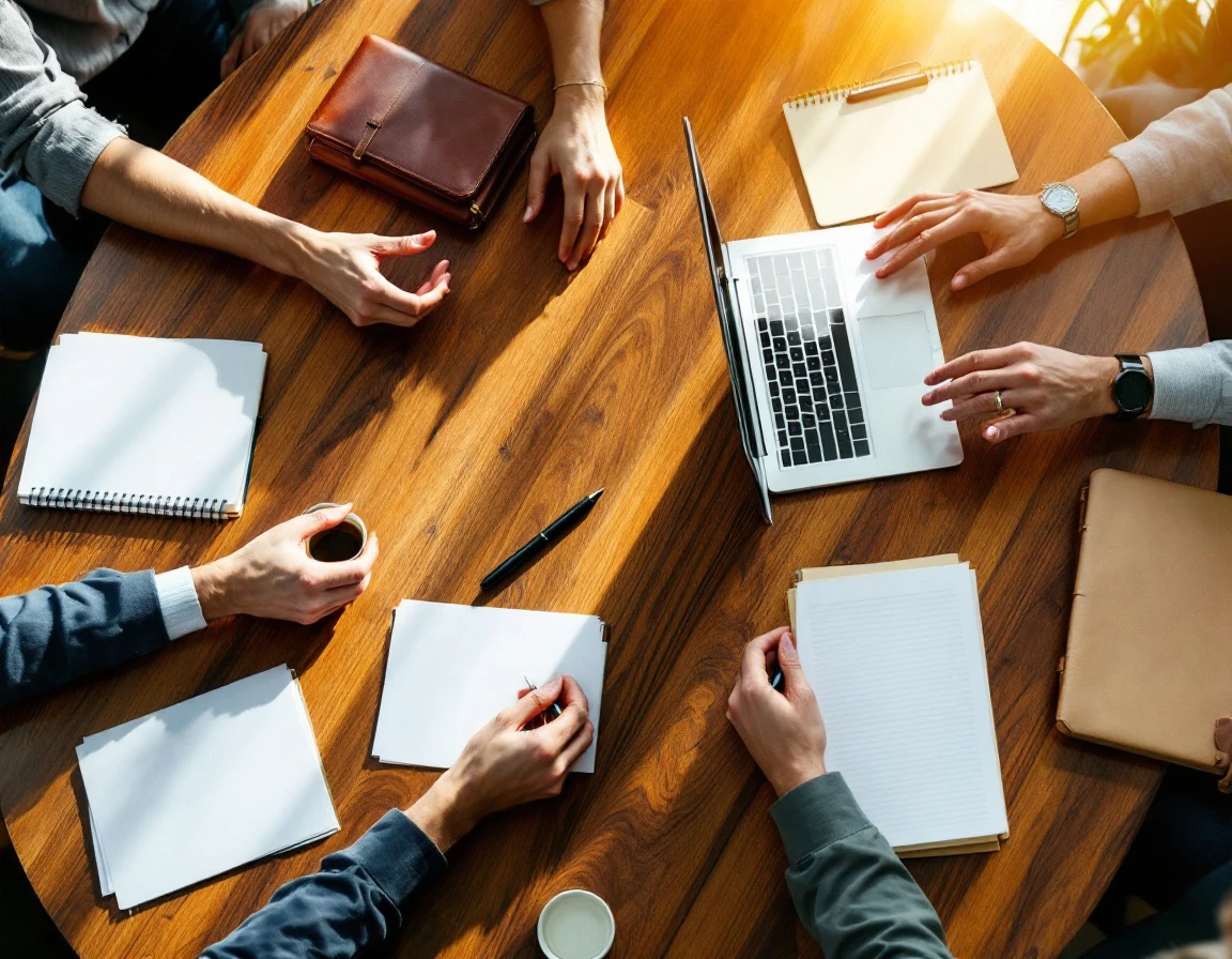 Hands collaborating around a conference table during a partner training session with notebooks and laptops