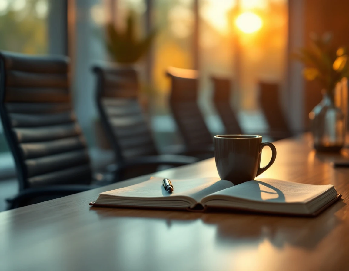 Empty conference room with notebook and pen on wooden table in natural afternoon light