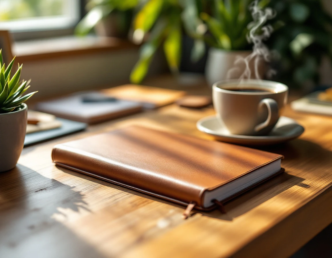 Closed notebook on wooden desk with coffee cup and plant in natural window light