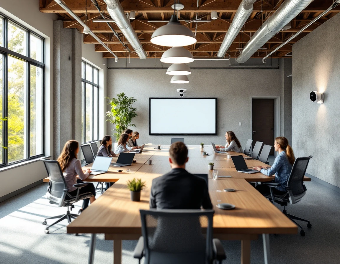 Modern corporate training room with collaborative workspace setup and natural lighting