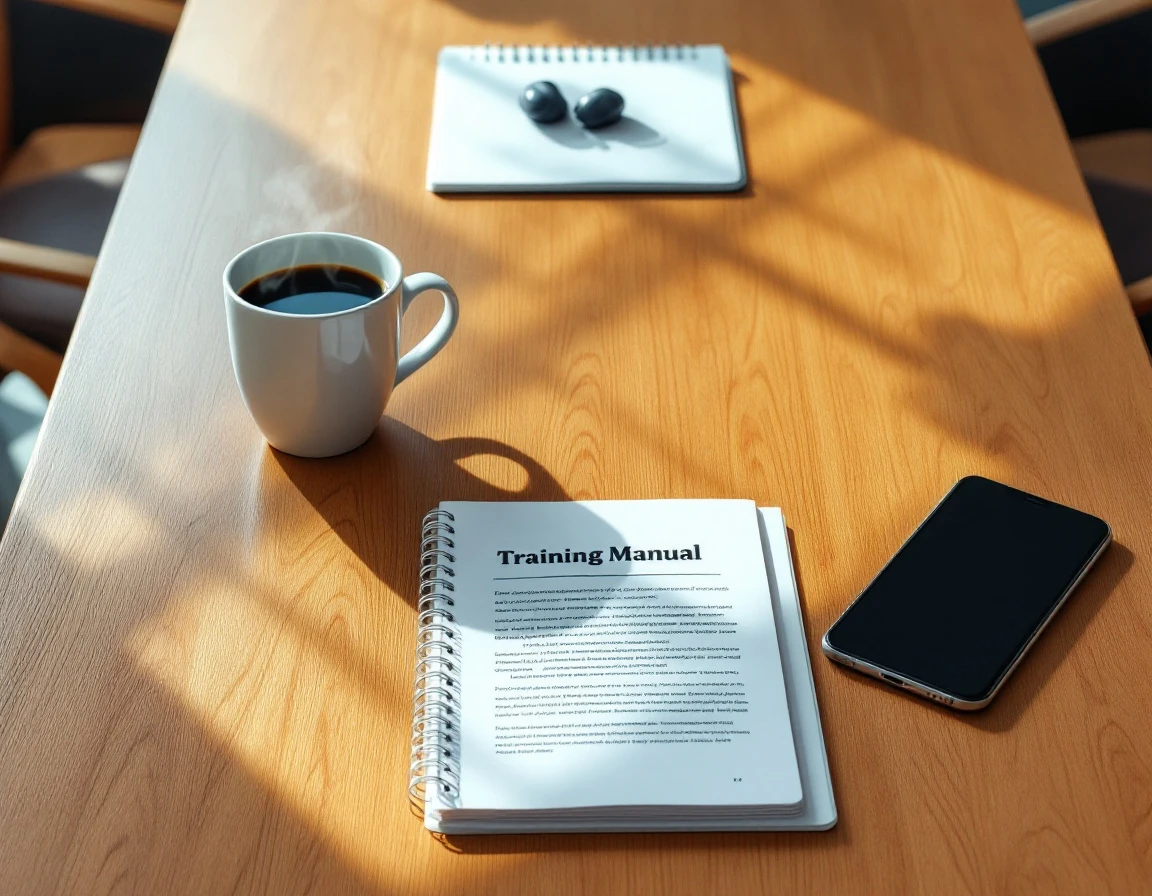 Training materials and coffee on wooden table during employee learning session