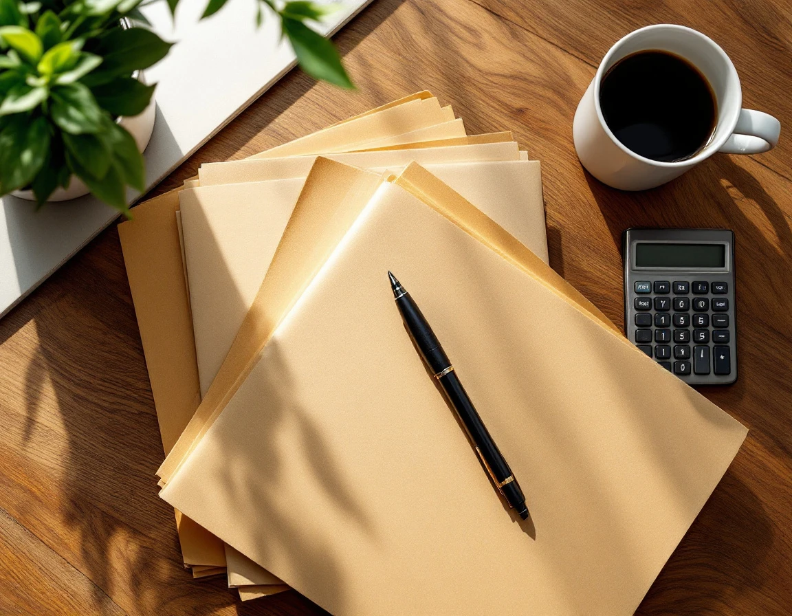Overhead view of manila folders and office supplies arranged on wooden desk representing compliance documentation
