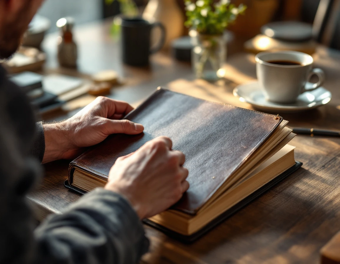 Training manual and coffee on wooden desk in morning light suggesting workplace learning and development