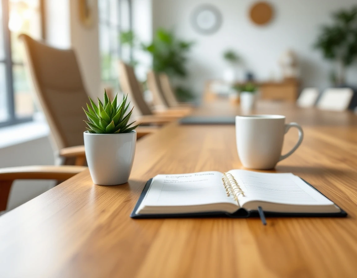 Training room setup with notebook, coffee mug, and succulent plant on wooden table in natural light
