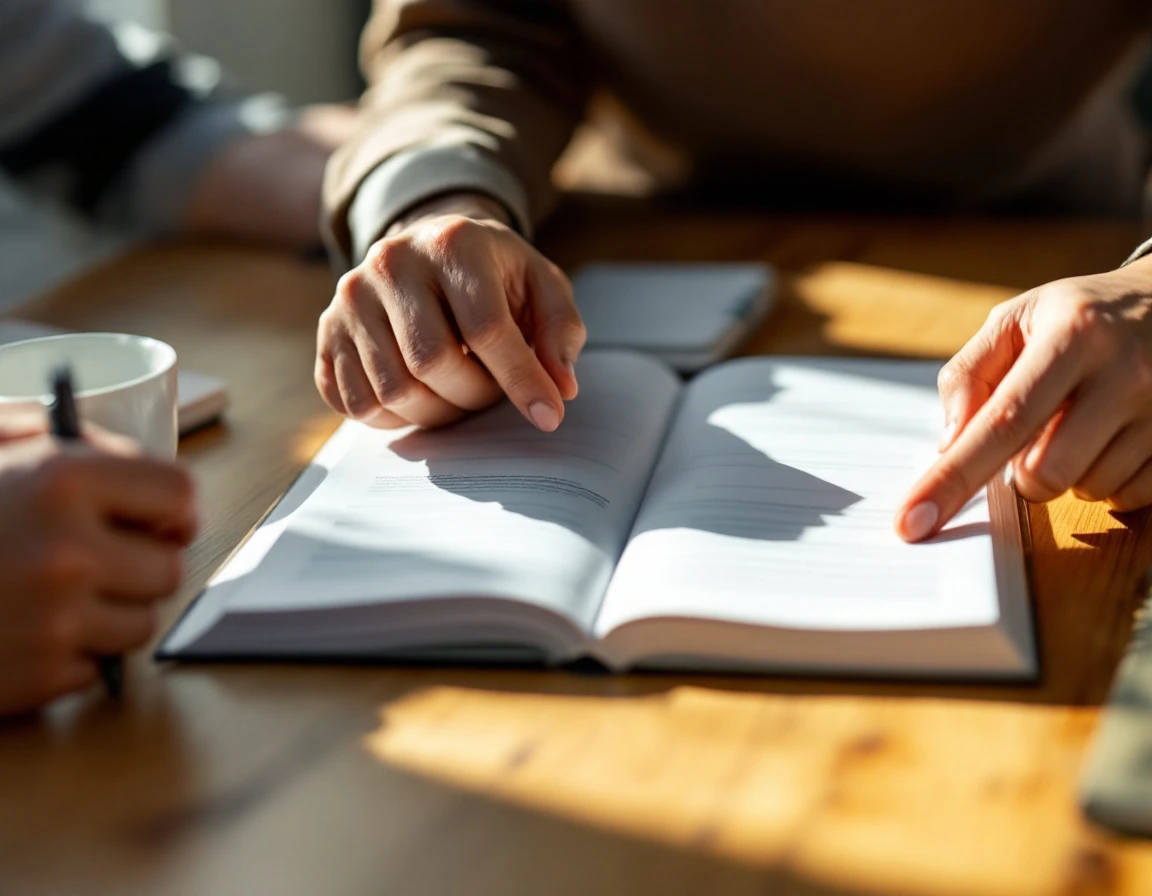Mentor and employee hands collaborating over an employee handbook during a training session