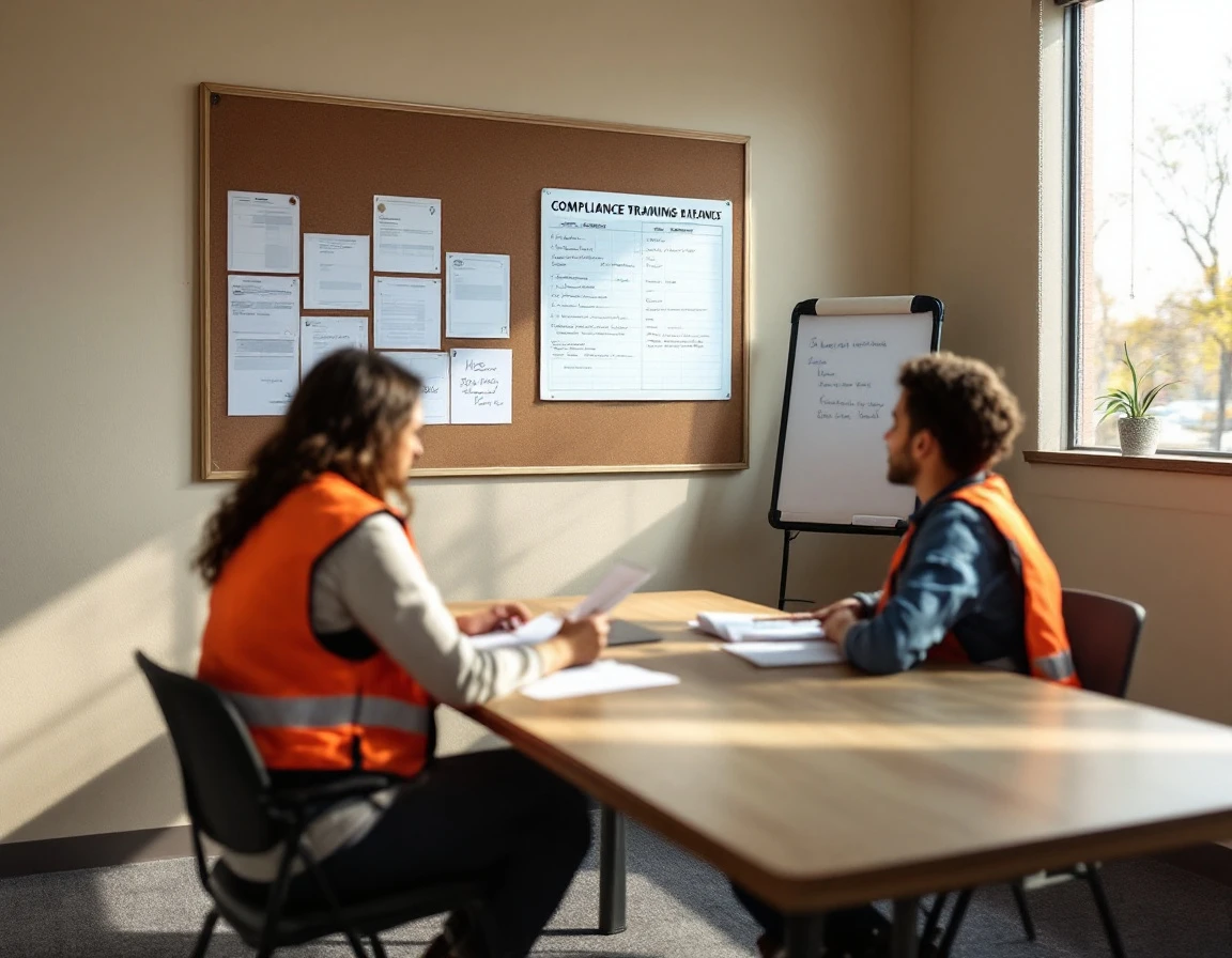 Retail employees reviewing compliance training materials in break room focused on wage and hour regulations
