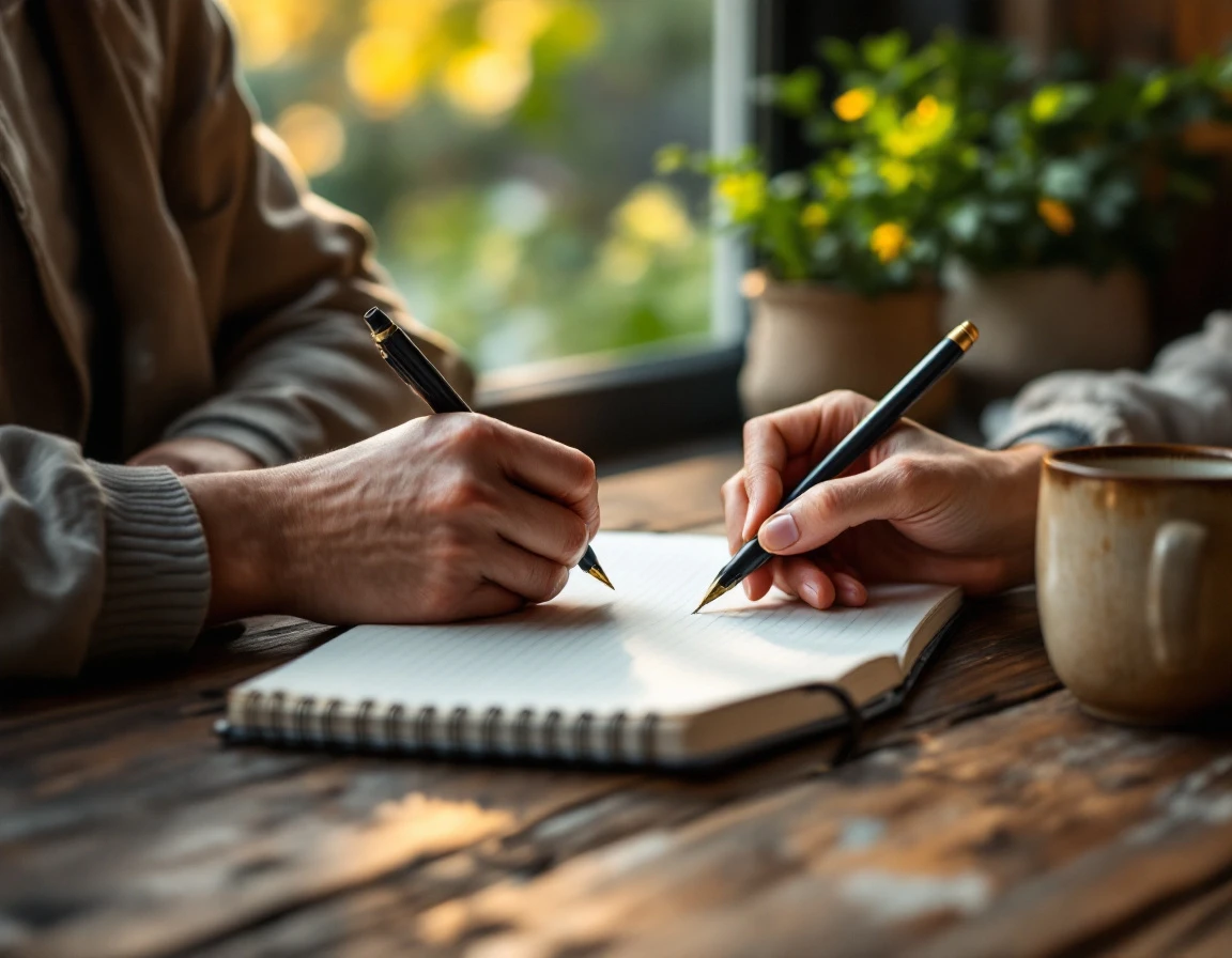 Hands writing in blank notebook on wooden table with coffee, emphasizing personal employee development practices