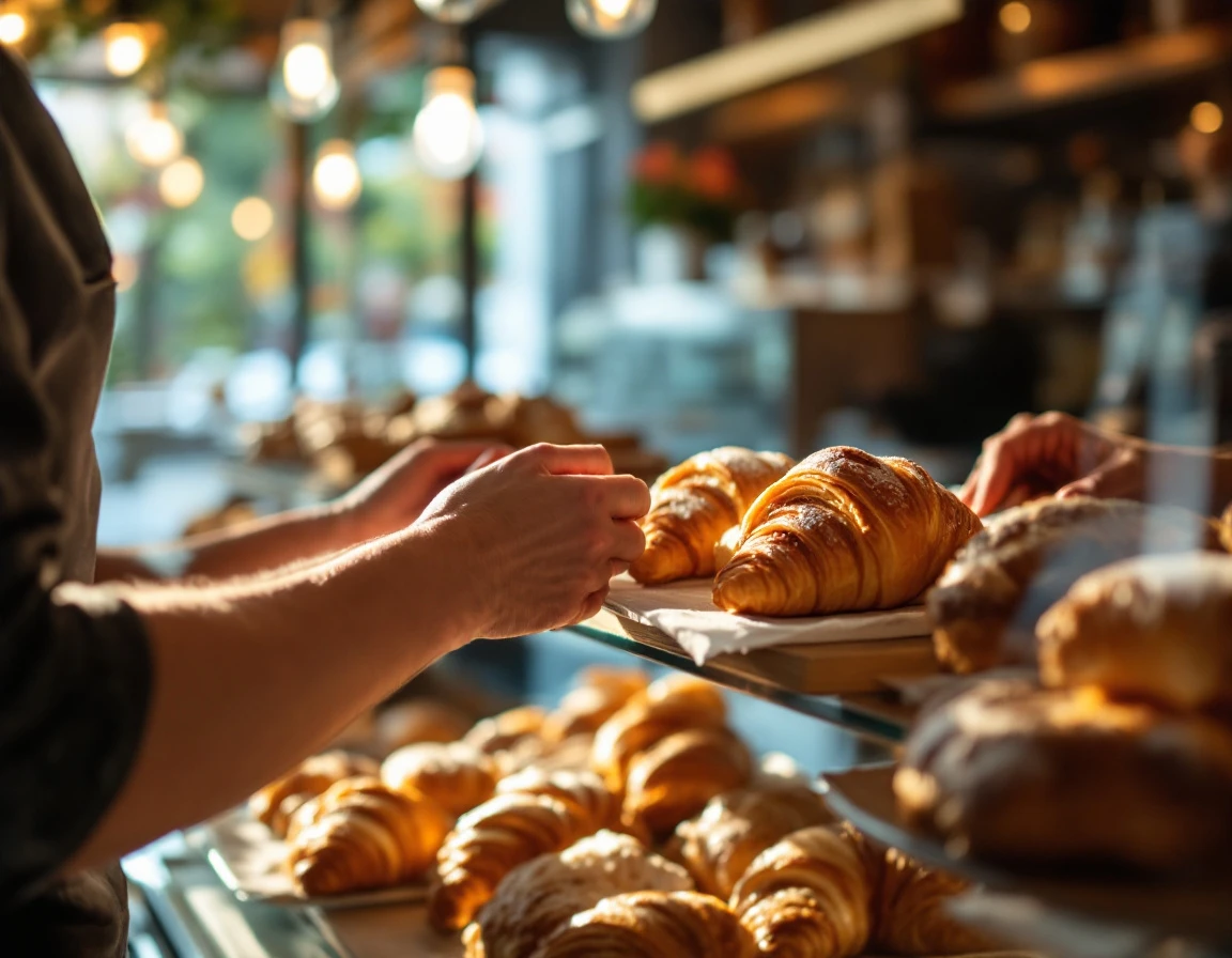 Retail employee hands carefully arranging fresh pastries in bakery display case with natural window light