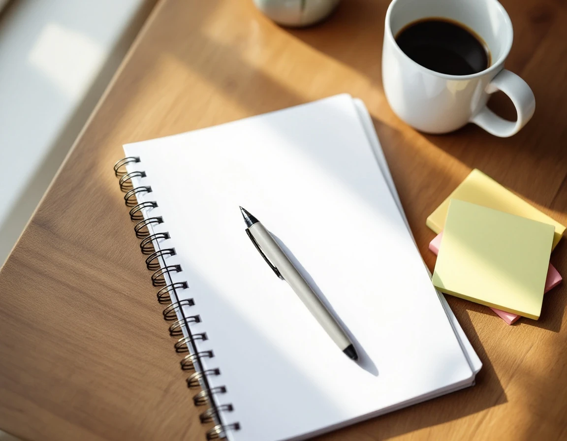 Blank notebook with pen and sticky notes on wooden desk in natural window light