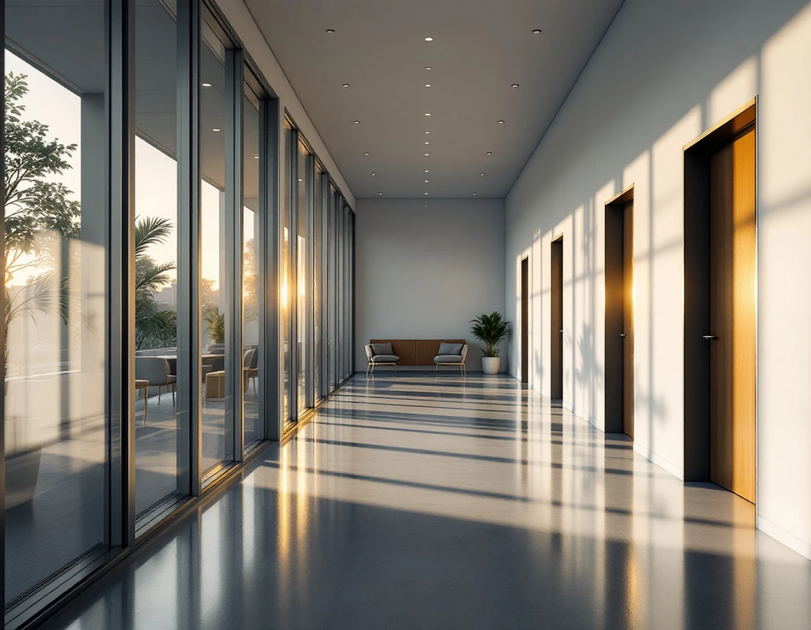Modern corporate training facility hallway with warm natural lighting and minimalist architecture