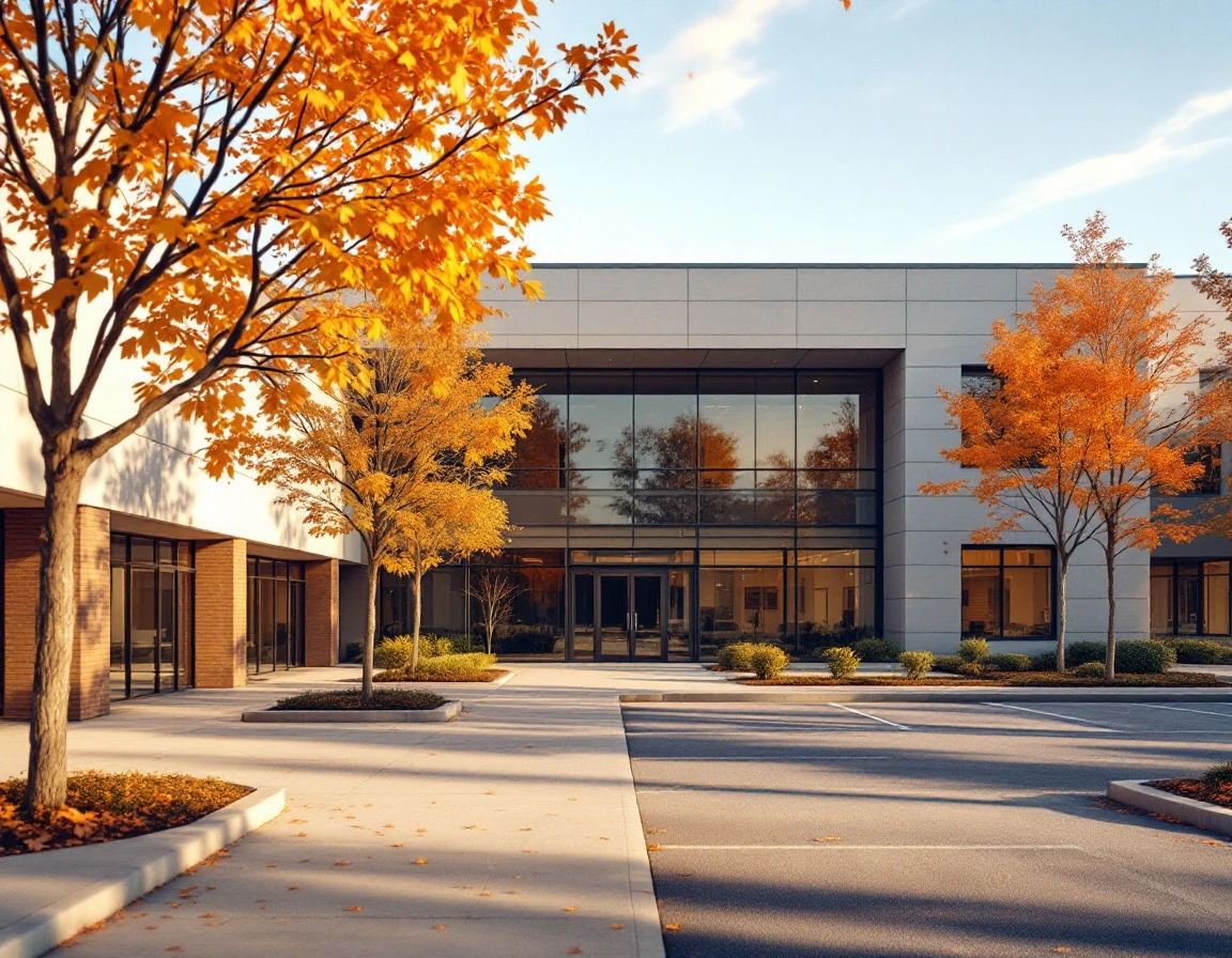 Modern corporate training facility in suburban business park during autumn afternoon
