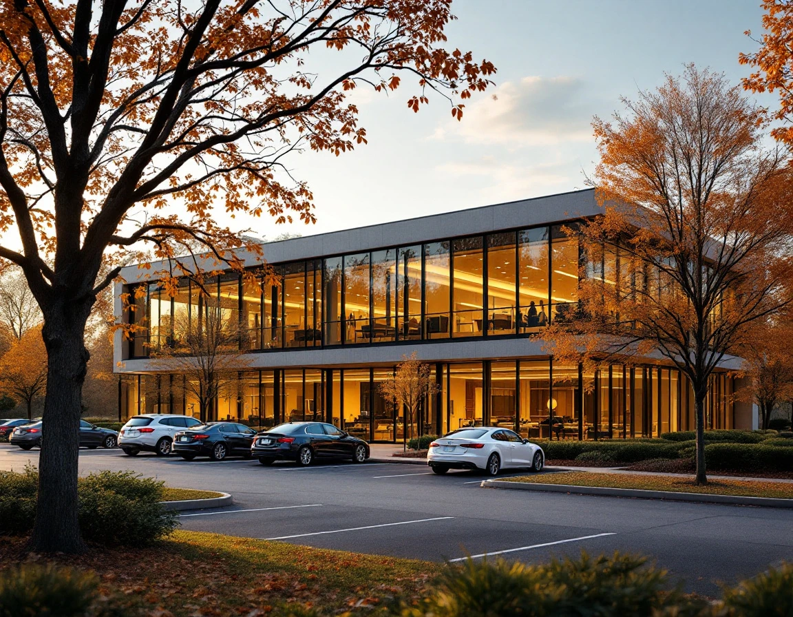 Modern training facility exterior during autumn with natural lighting and parking area