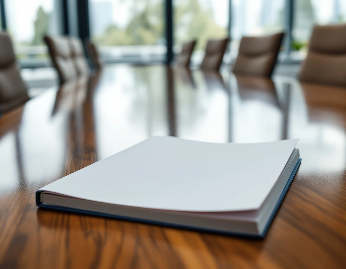 Closed training manual on empty conference table with natural window lighting