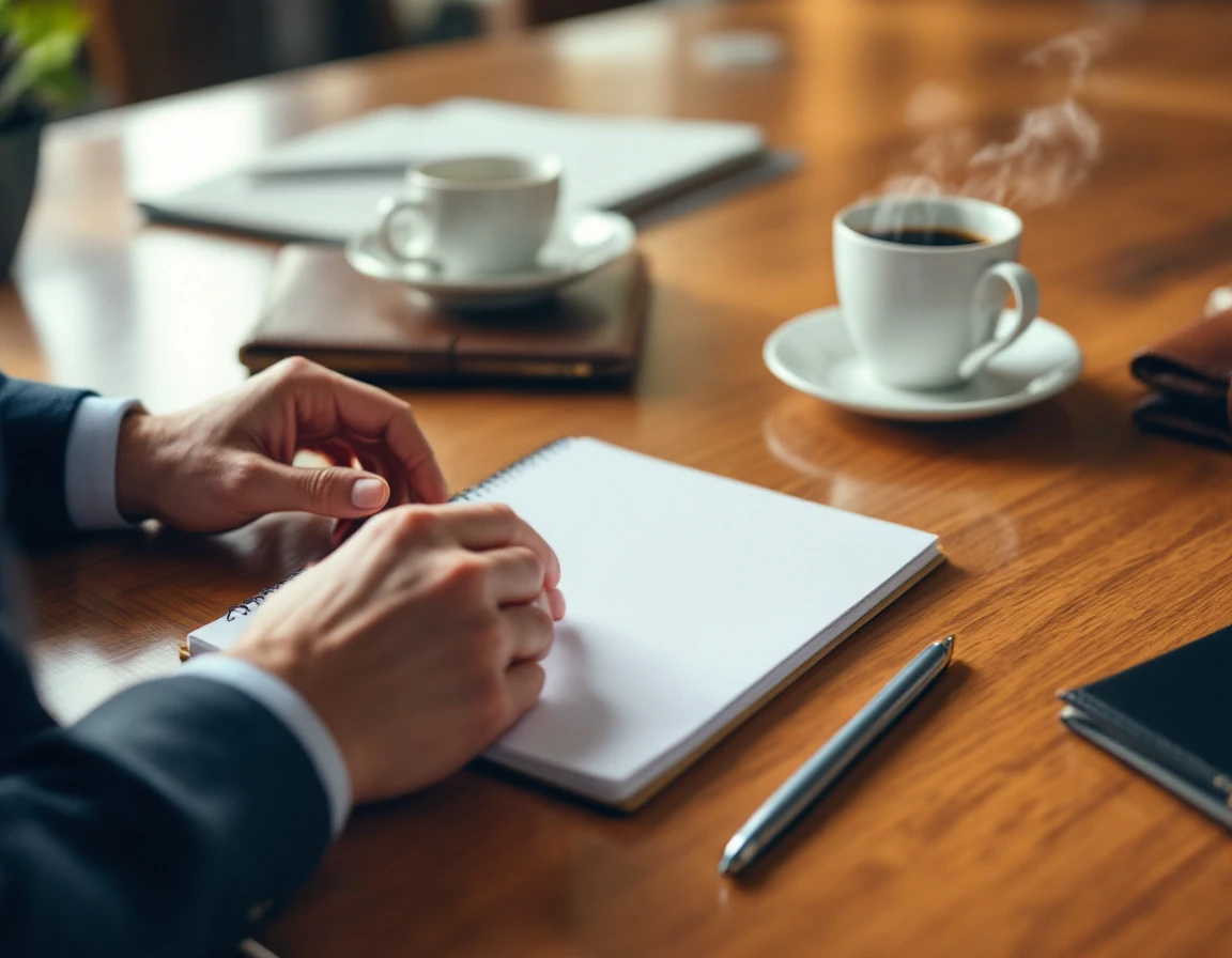 Hands gesturing over blank notebook with coffee cup and office supplies on wooden conference table
