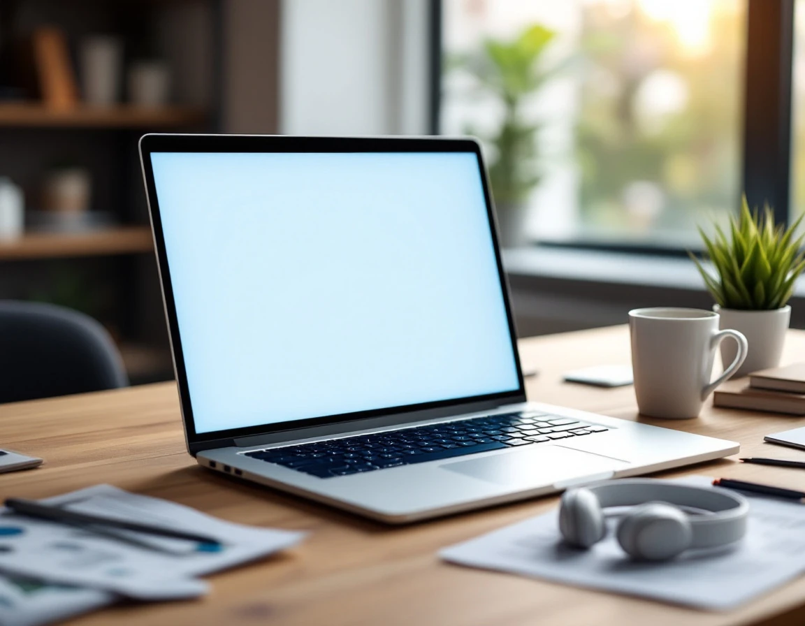 Modern laptop workspace with blank screen, coffee, and training materials on wooden desk