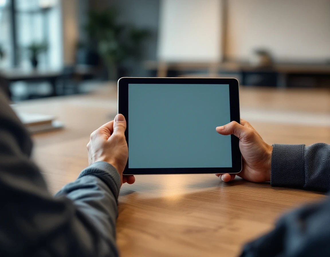 Employee using tablet during structured retail training session in modern workplace environment