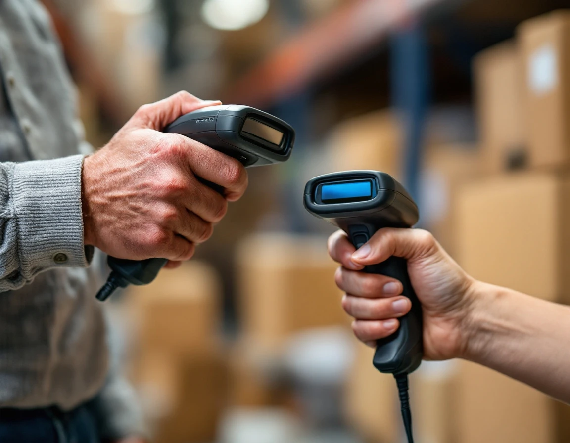 Retail mentor demonstrating proper barcode scanner handling technique to new employee during warehouse training