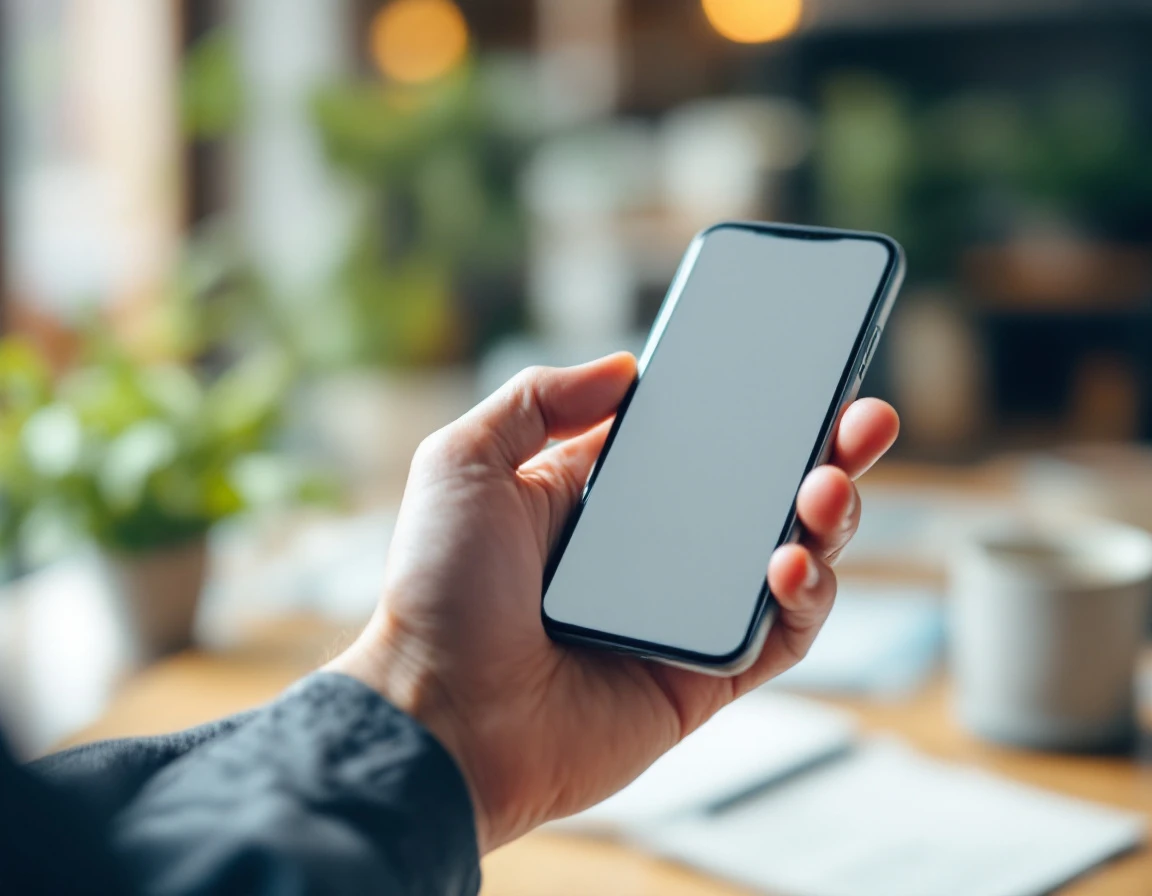 Employee hands interacting with mobile training module on smartphone in professional setting