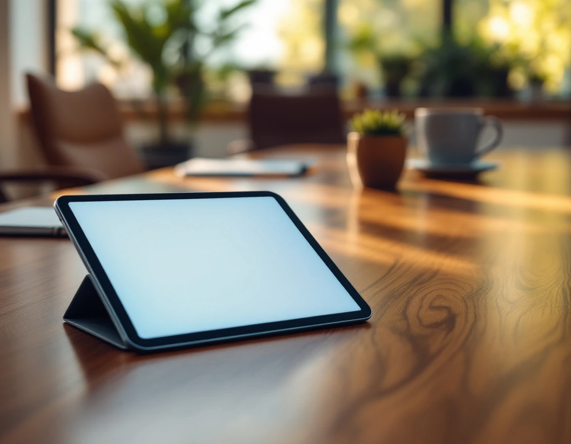 Tablet device on conference table in modern office training environment with natural lighting
