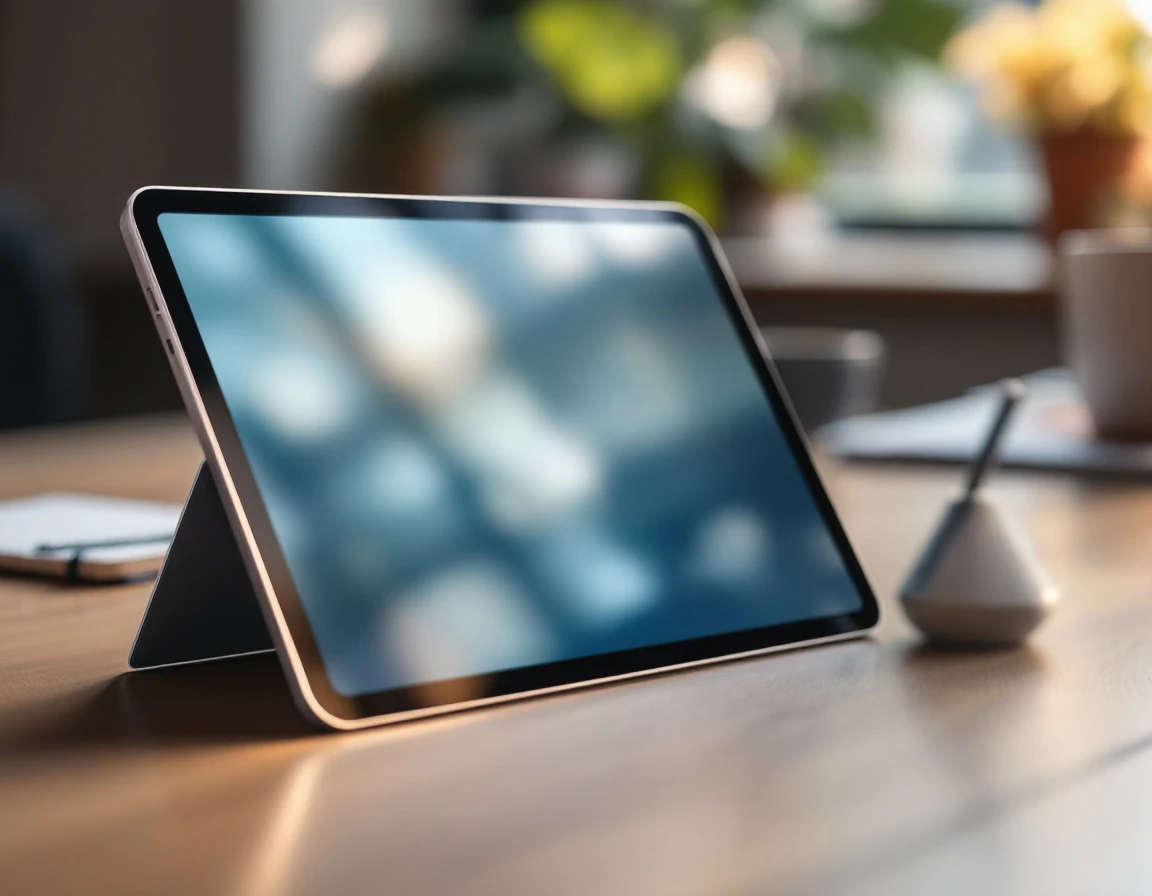 Modern tablet device on office desk with blurred screen showing abstract colors in natural window light