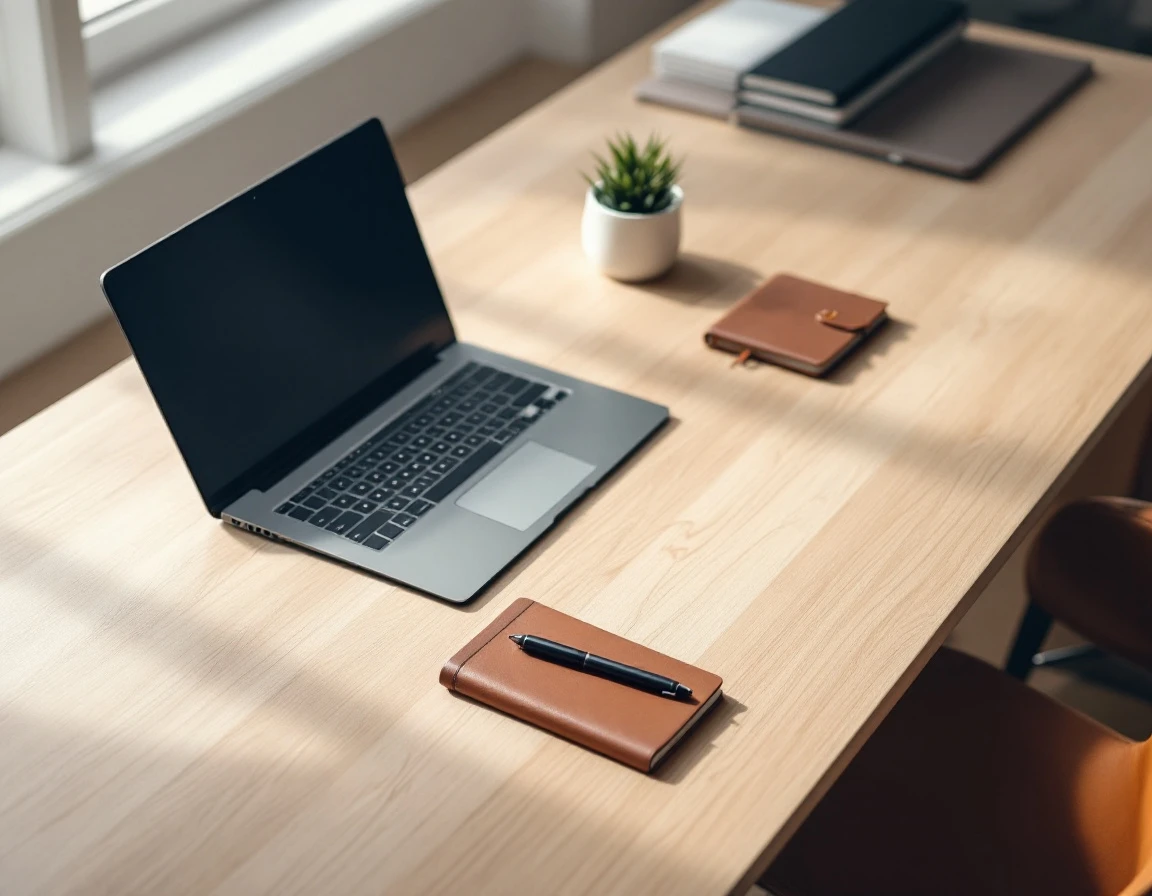 Laptop and notebook on wooden desk representing LMS training program setup workspace