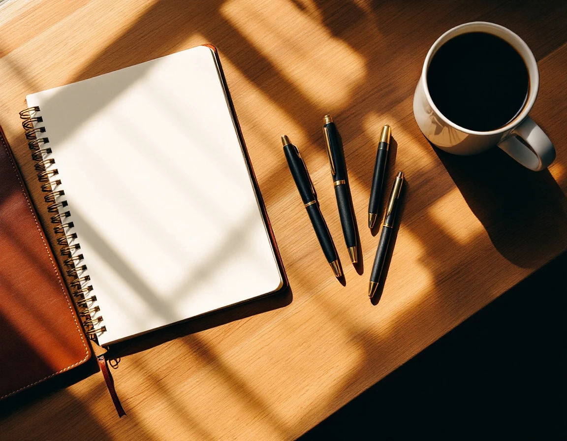Workspace flatlay with blank notebook, leather journal, pens, and coffee on wooden desk for leadership training