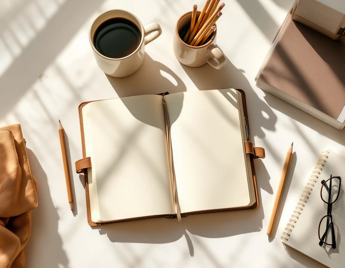 Sunlit workspace with blank journal, coffee, and planning materials for leadership development timeline