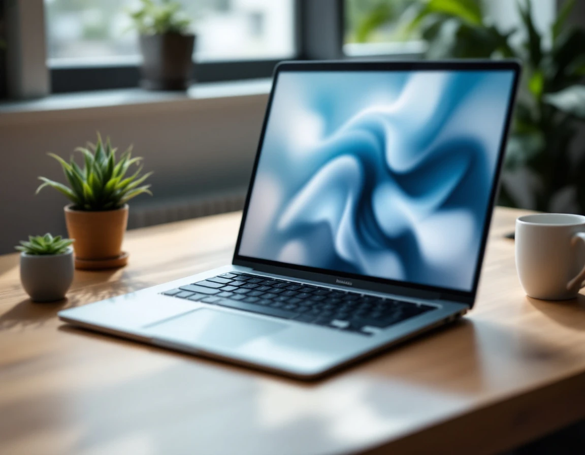 Laptop with blurred screen on wooden desk with succulent plant in training workspace