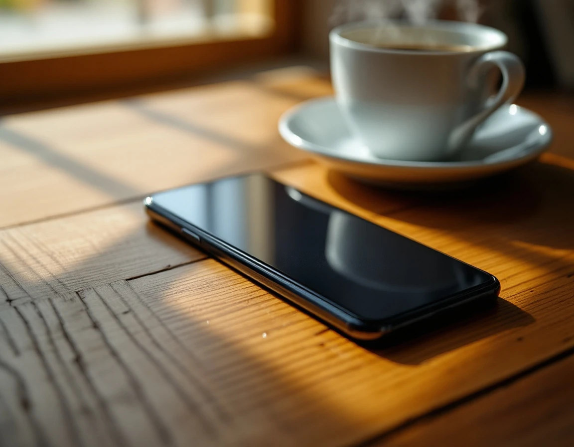 Smartphone face-down on wooden desk beside coffee cup in natural lighting for microlearning concept