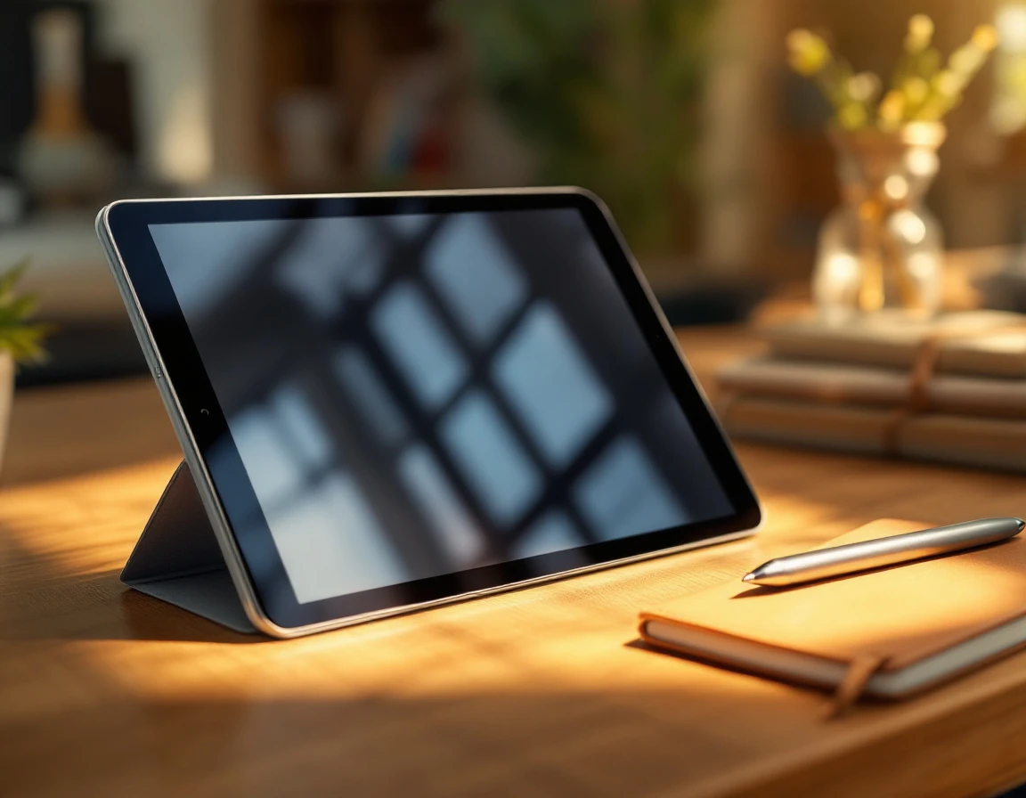Tablet device with blurred screen on wooden desk with leather notebook and stylus in natural office lighting
