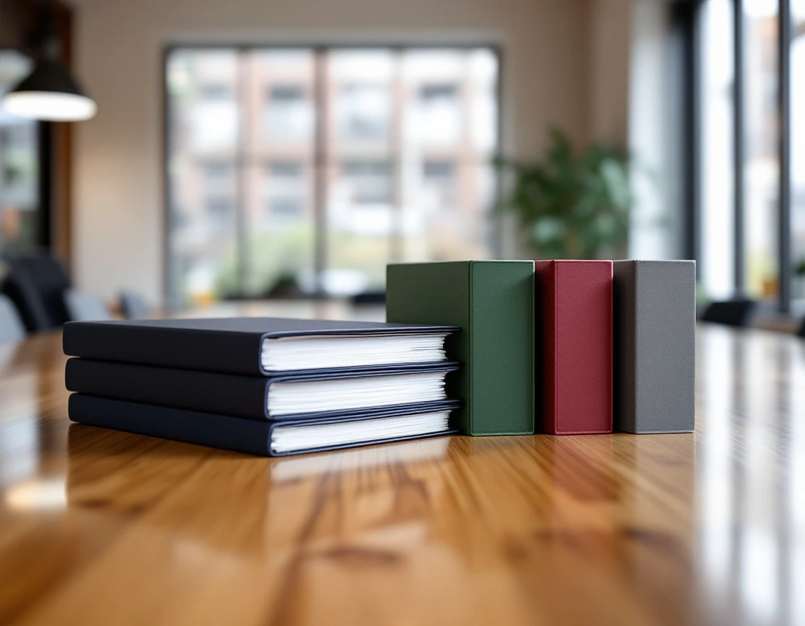 Training module folders arranged on conference table in corporate office setting with natural lighting
