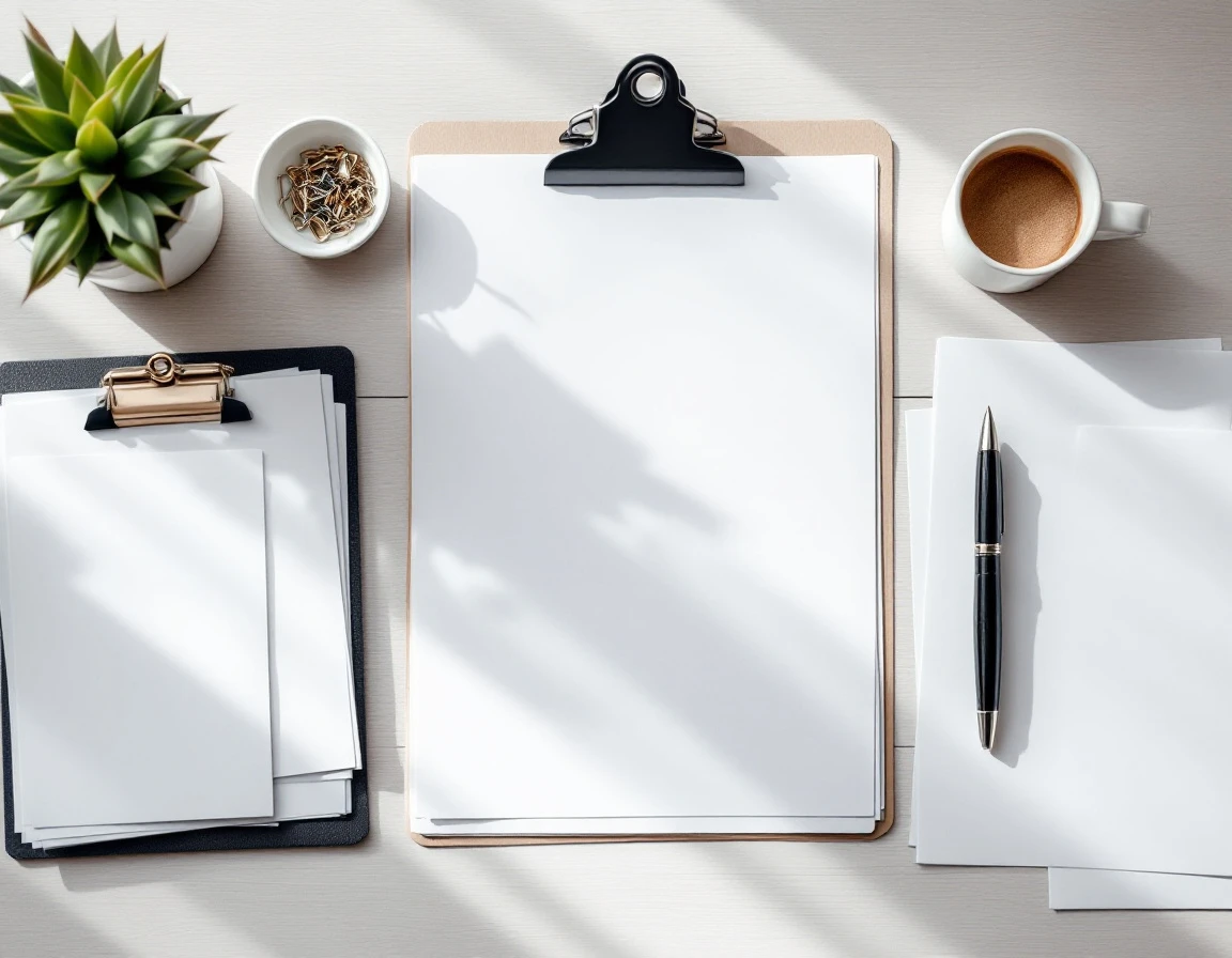Overhead view of professional desk with blank policy documents, pens, and organized paperwork