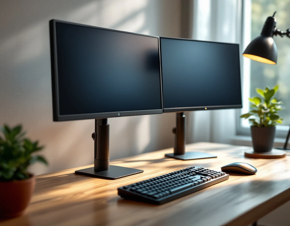 Dual-monitor workspace with natural lighting and minimal desk setup showing professional platform engineering environment