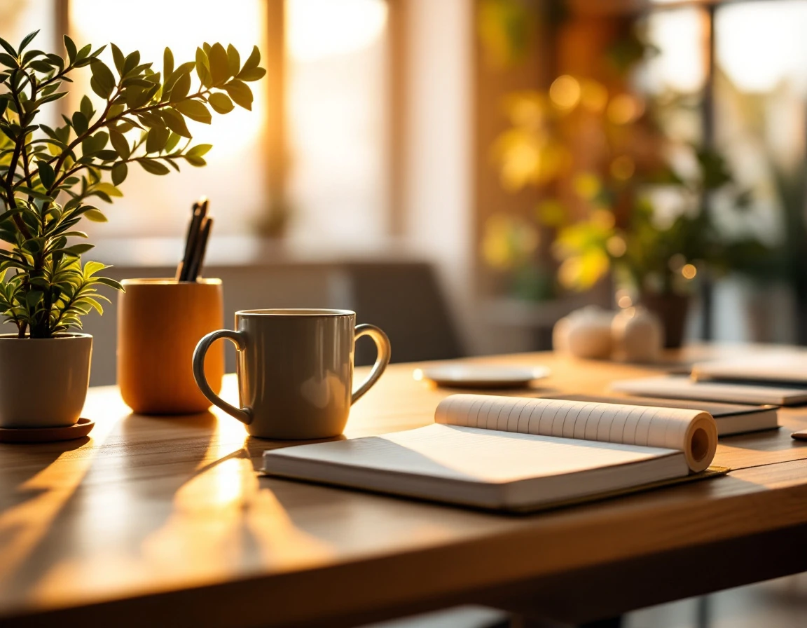 Organized workspace desk with coffee and notebook during golden hour lighting