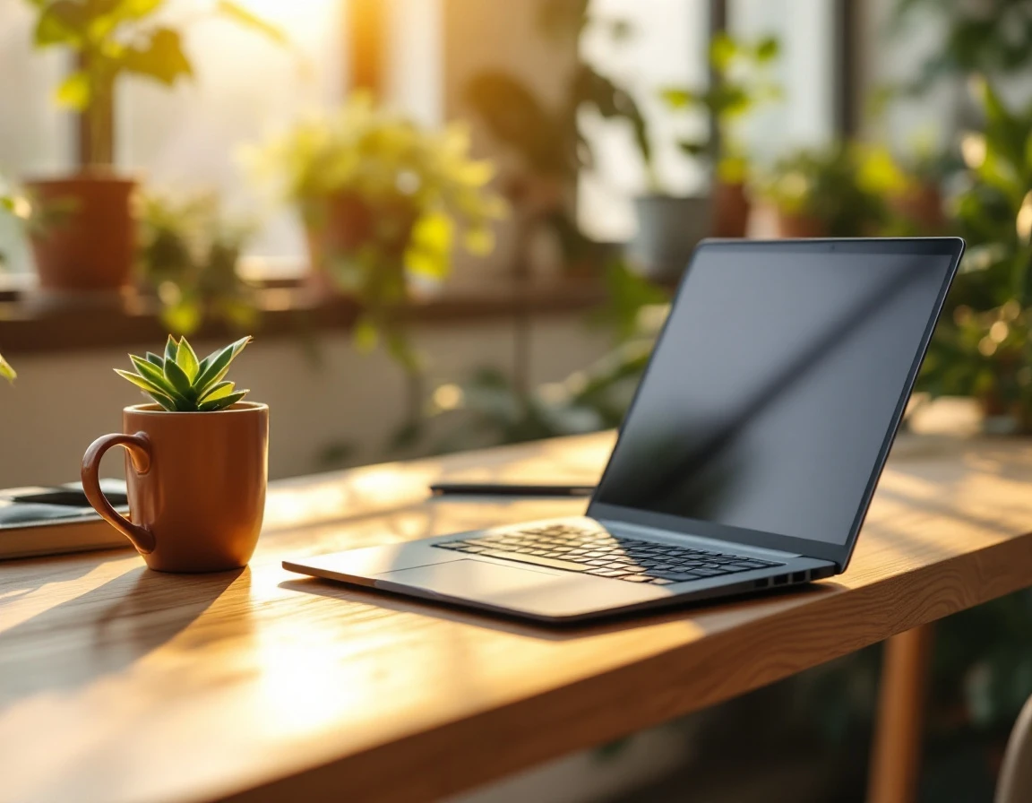 Modern minimalist workspace with closed laptop, coffee, and plants in natural morning light