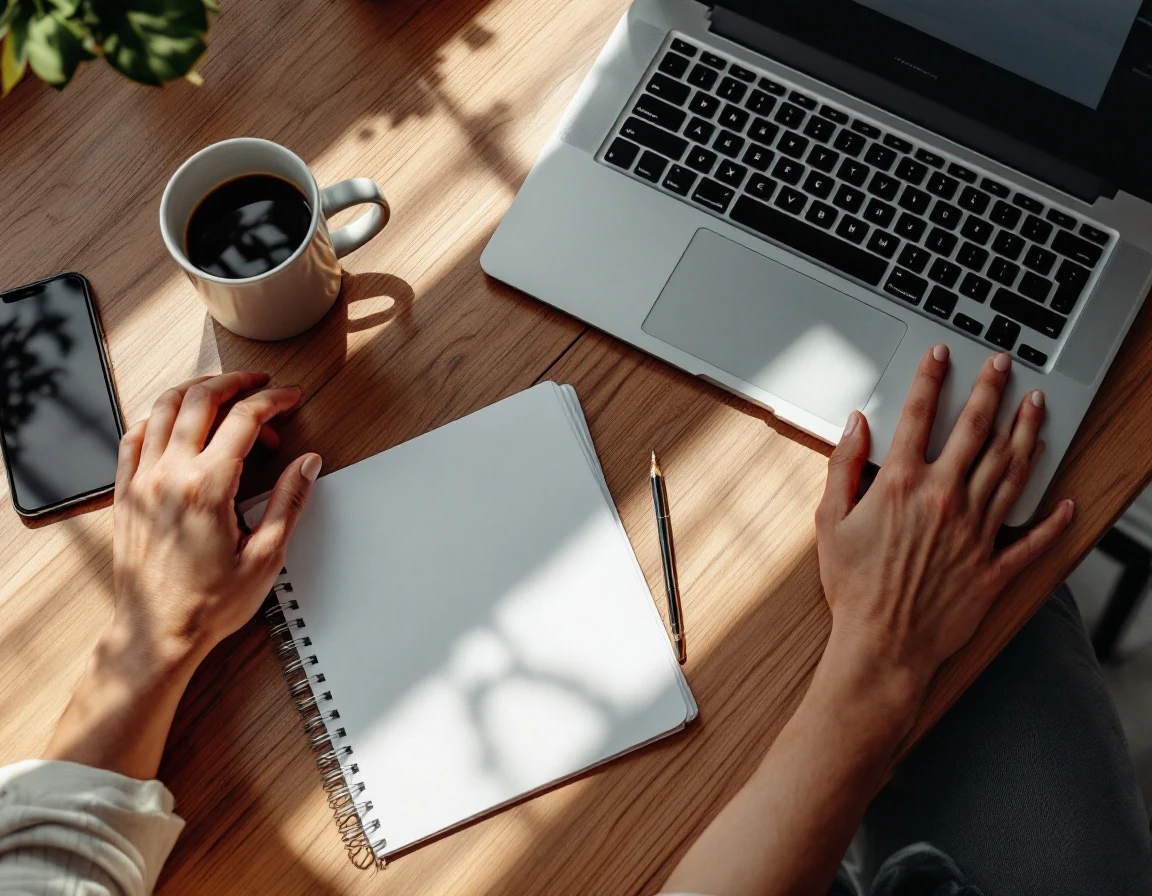 Professional workspace with laptop, blank notepad, phone, and coffee showing realistic hands and natural lighting