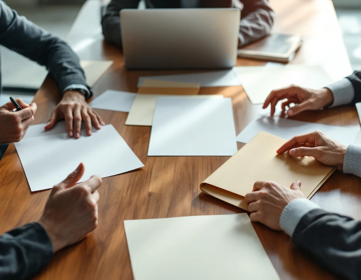 Hands collaborating over documents on wooden conference table during training strategy session