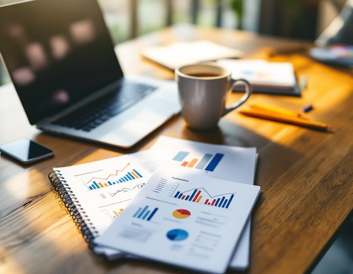 Workspace with notebook showing hand-drawn performance metrics and analytics charts for training ROI analysis