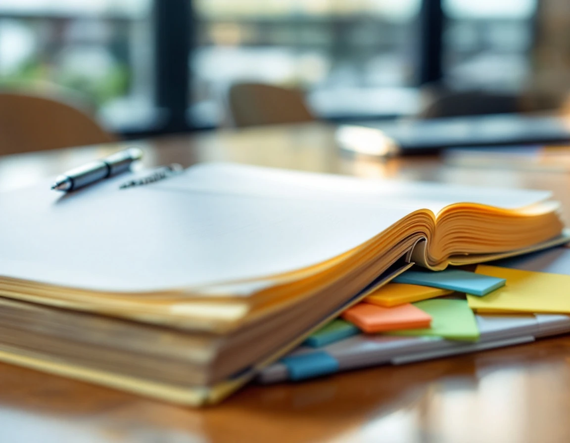 Open training binder with tabbed sections and notes on conference table